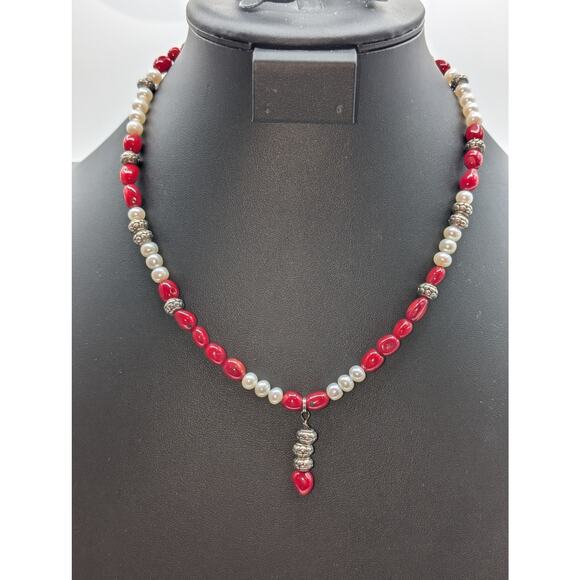 Red Coral Freshwater Pearl Silver Tone Beaded Necklace - Picture 1 of 9